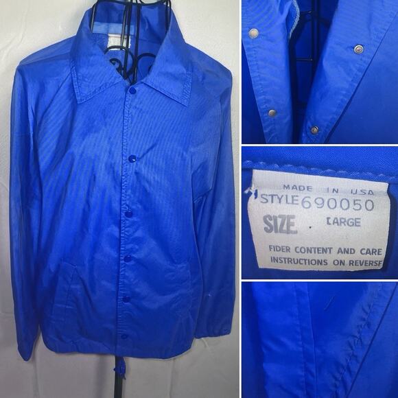 Vintage 80s Royal Blue Nylon Windbreaker Jacket Snap Front USA Made SZ L *READ - Picture 1 of 12